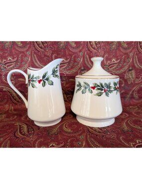 Vintage Baum Brothers Holly Creamer and Covered Sugar Bowl Set Christmas Decor
